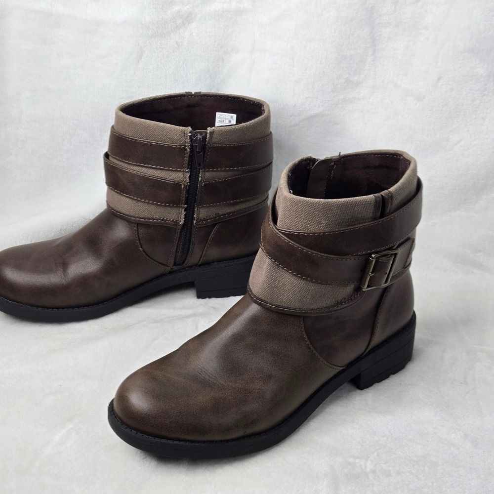 Rocket Dog Brown Faux Leather Canvas Wrap Strap Ankle Moto Boots Size 8.5